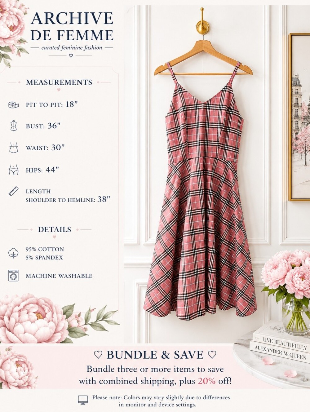 Boobgs Large Pink Plaid Fit & Flare Midi Dress Cotton Blend Cottagecore - Picture 7 of 10